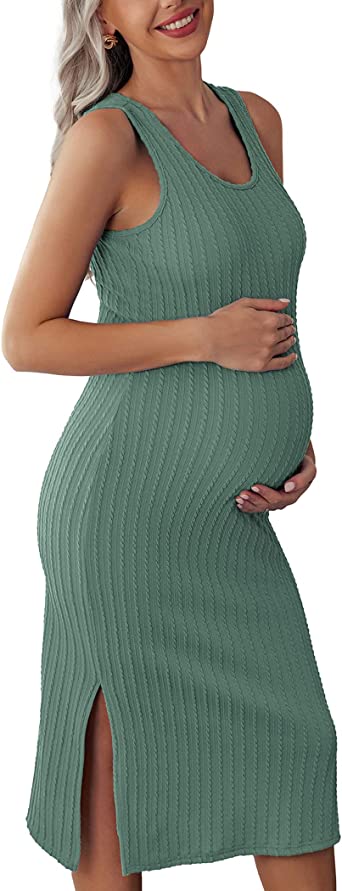 Ekouaer Women's Maternity Dress Rib Knit Sleeveless Tank Side Slit Bodycon Dresses Pregnancy Clothes S-XXL