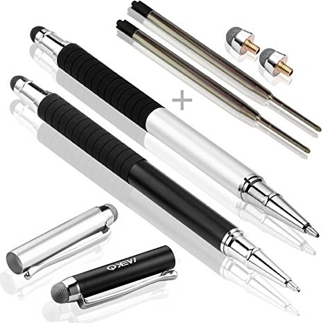 MEKO 2PCS 3 in 1 Precision Universal Capacitive Stylus/Styli Ballpoint Pens Metal Barrel With Rubberised/Textured Grip, Fine Rubber Tips and Extra 2 PCS Micro Fiber Tips, 2PCS Replaceable Refill Ink, Fine Point Stylus Pens for Office Use (5.7 inch(L)-Black /Silver)