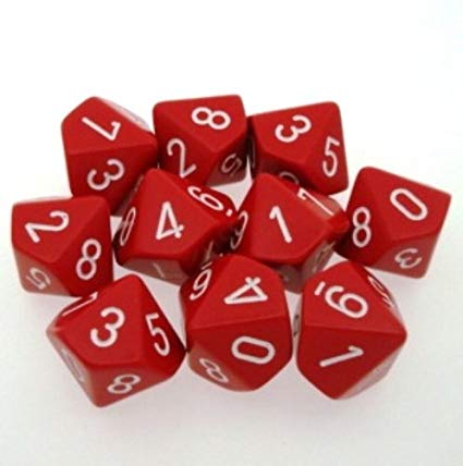 Chessex Dice Sets: Opaque Red with White - Ten Sided Die d10 Set (10)