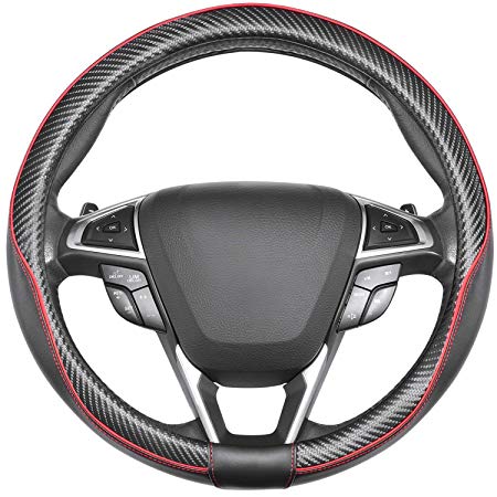 SEG Direct Car Steering Wheel Cover Universal Standard-Size 14 1/2''-15'' Leather with Carbon Fiber Pattern Black and Red