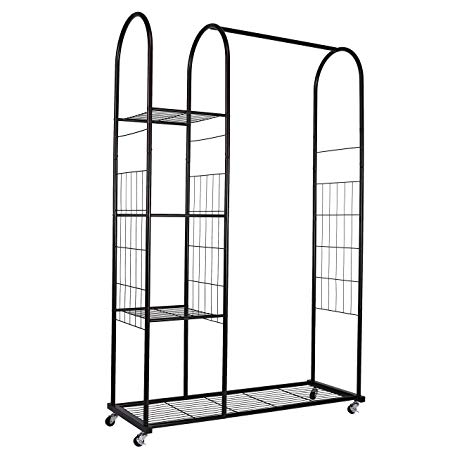 Mythinglogic Heavy Duty Commercial Grade Garment Rack Clothes Rack Wire Storage Shelving Garment Rack Rolling Clothes Organizer with Wheels and 4 Tier Storage Shelves