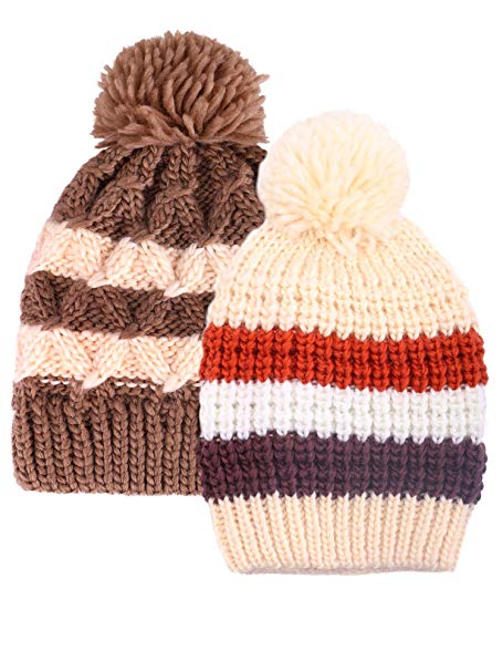 Arctic Paw Kids and Toddlers' Chunky Cable Knit Beanie with Yarn Pompom - Set of 2