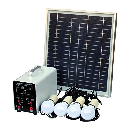 15W Off-Grid Solar Lighting System with 4 LED Lights, Solar Panel, Battery and Cables - Complete Solar Lighting Kit