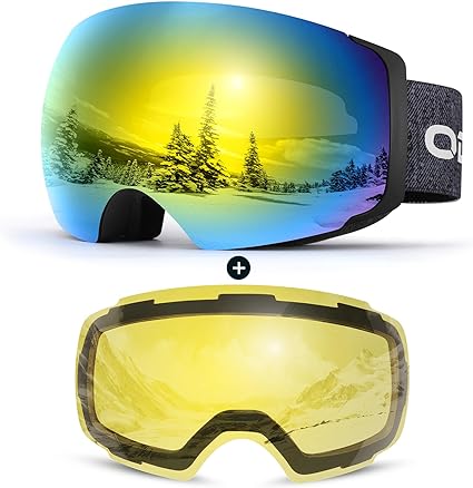 Odoland Ski Goggles, OTG and UV Protection Snowboard Goggles with Magnetic Interchangeable Lens for Men & Women