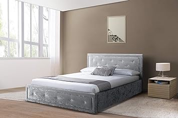Comfy Living Fabric Diamante Ottoman Bed Frame In Silver Single Double King (4ft6 (Double), No Mattress)