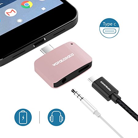 Type C to 3.5mm Adapter,Wofalodata 2 in 1 Mini Splitter Headphone Jack Audio Connector Convertor Cable with Charging for Motorola Moto Z2 Play-Rose Gold