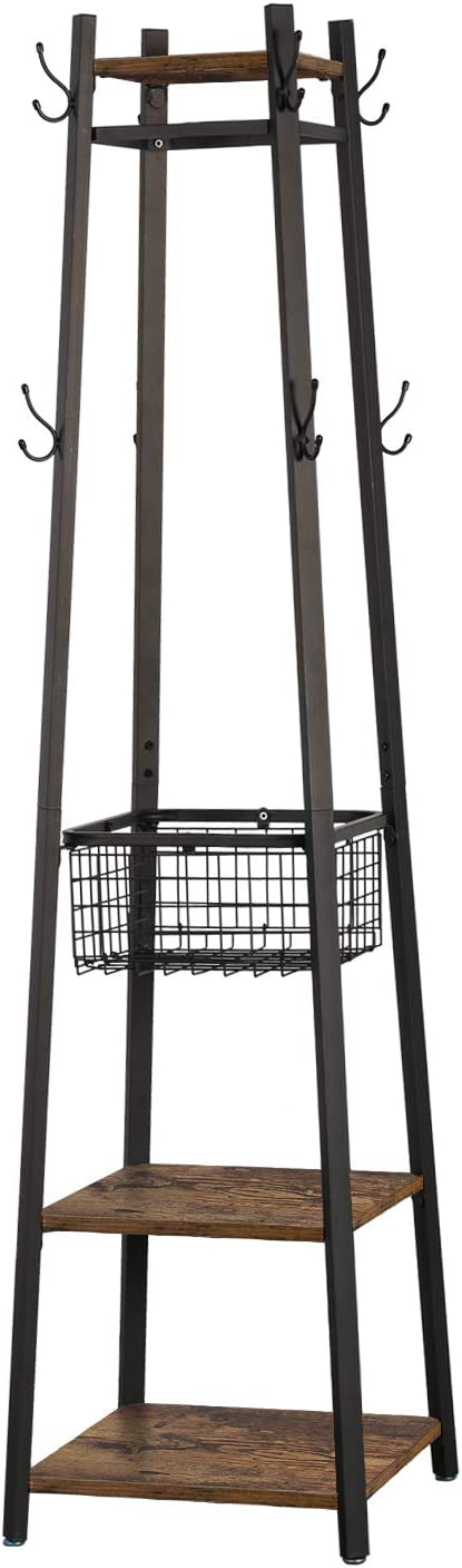 VECELO Industrial Coat Rack,Enterway Clothes Stand with 2 Tier Storage Shelves and Metal Basket,Upgrade Hall Trees with 8 Dual Hooks,Antique Brown