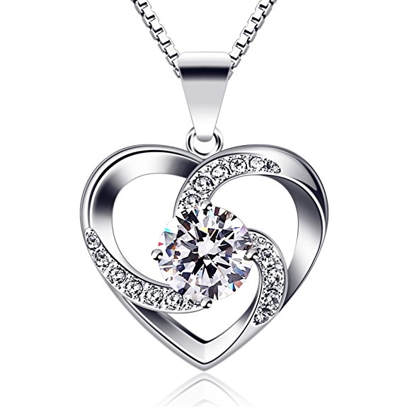 B.Catcher Necklace Womens Silver Jewelry you are the apple of my eye Cubic Zirconia Heart Pendant with Chain Mother's Day Gift