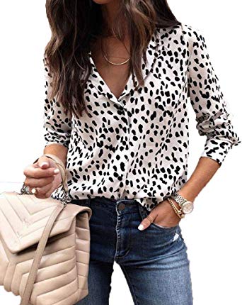 Tobrief Women's Leopard Print Blouse V Neck Long Sleeve Button Down Shirt Top