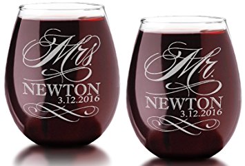 Set of Two Custom MR and MRS with Last Name Date Stemless Wine Glass 21 Oz Classy Wedding Bride Groom Future Married Couple Christmas Gift