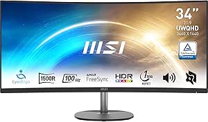 MSI Pro MP341CQ Écran Bureautique Incurvé 34" UWQHD - Dalle VA 1500R, 3440x1440, 100Hz, Confort Oculaire, sRGB 116%, HDR Ready, Haut-Parleurs Intégrés, Inclinaison Réglable - HDMI, DisplayPort