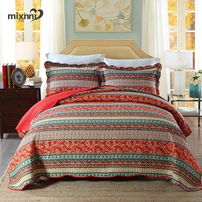 mixinni 100% Cotton 3 Piece Striped Boho Style Bedspread Quilt Sets, Reversible&Decorative---(1 Quilt 86" x 96" + 2 Pillow Shams 20" x 28" ), Queen Size, Red