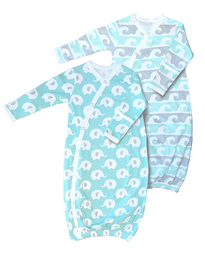 2 pk 100% Organic Cotton Kimono Gown, Boys or Girls, Easy Change with Built in Mitts Newborn - 3 Months, in Mint/Gray