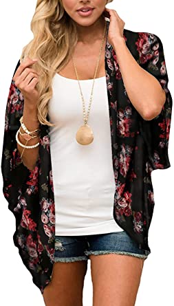 BB&KK Women's Floral Kimono Cardigans Chiffon Casual Loose Open Front Cover Ups Tops