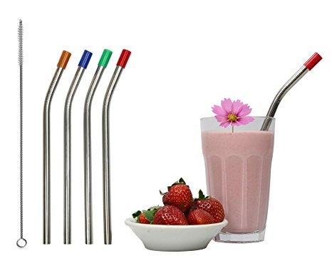RAINIER Smoothie Drinking Straws | Extra Wide Reusable Stainless Steel Metal | Jumbo Size for Thick, Chunky, Frozen Drinks & Boba Tea | Set of 4 with Comfort Tips, Cleaning Brush (Angled, 3/8Wx8.5L)