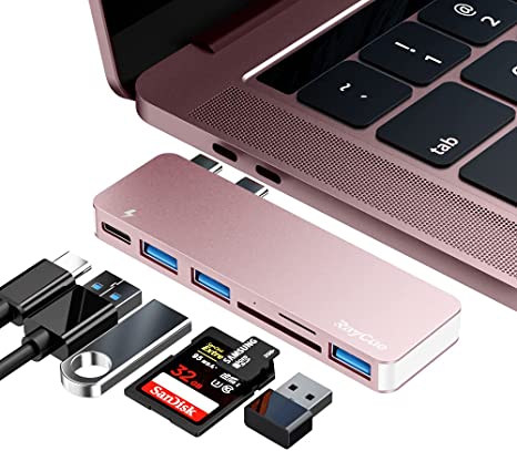 USB C Hub Adapter for MacBook Pro/Air 2020 2019 2018, 6 in 1 USB-C Accessories Compatible with MacBook Pro 13″ and 15″ with 3 USB 3.0 Ports, TF/SD Card Reader, USB-C Power Delivery (Pink)