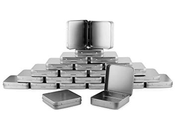 Square Metal Hinged Tins (24-Pack); Silver Boxes for Mints, Candies, Favors, Geocaching & More Weight, 3.5 x 3.5 x .75 Inches