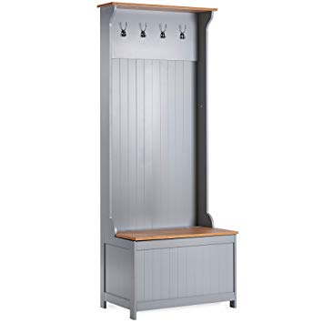 VonHaus Hall Valet with Storage Trunk – Ash Grey & Wood Hallway/Entryway/Porch Storage Furniture With Coat Rack, Seating Bench & Storage Unit