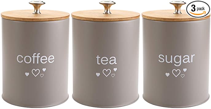 Fasmov Set of 3 Kitchen Canister Set, Coffee, Sugar, and Tea Storage Container Jars with Bamboo Lids for storing Sugar, Coffee and Tea, Gray