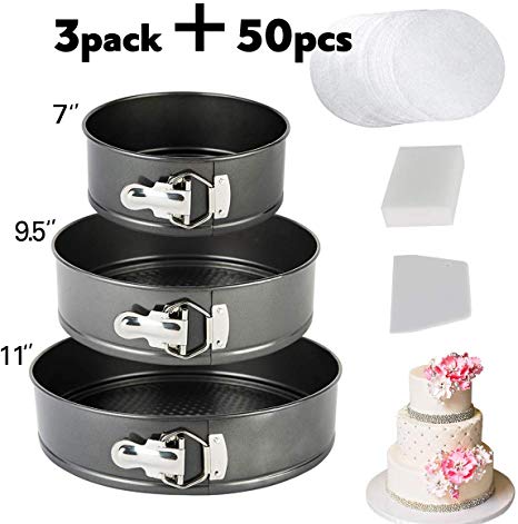 vplus Springform Pan Set,3 Pieces Nonstick Bakeware Set (7"/9.5"/11") Cake Pan Set with 50 Pcs Parchment Paper Liners