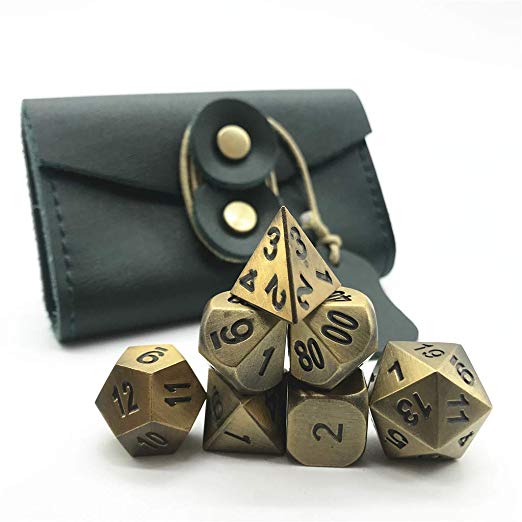 DND Metal Dice Set D&D Dices for Dungeons and Dragons, Momostar RPG Games Accessories with Dark Green Leather Storage Box. (Old Gold)