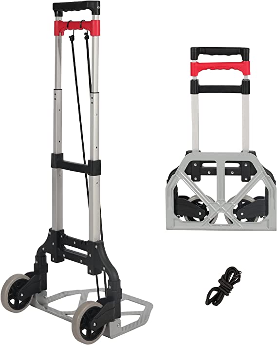RedSwing Folding Hand Truck and Dolly, Heavy Duty Aluminium Luggage Cart Foldable with Wheels for Travel Office, 165lbs Capacity, Red