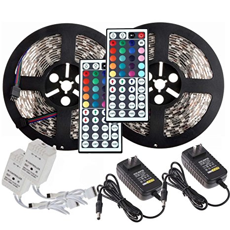 INIEIWO 2 Rolls 5M 16.4ft 5050 RGB SMD Led Strip Lights Kit 300LED Waterproof IP65 2x44Key Remote 2xpower supply