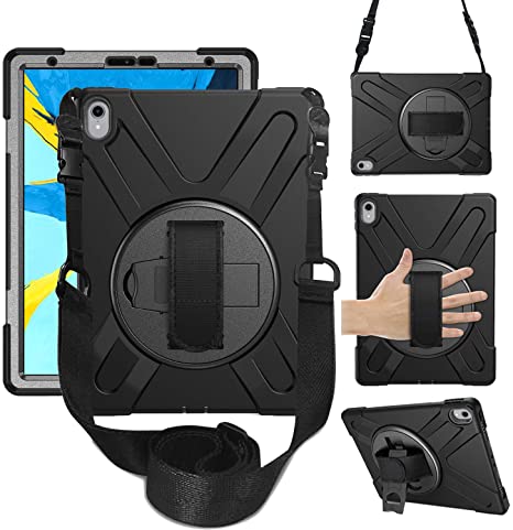 iPad Pro 11 Case, Heavy Duty Shockproof Protective Case with 360 Degree Rotating Hand Strap, Kickstand and Carrying Shoulder Strap, 3 Layer Hybrid Kids Case for iPad Pro 11 Inch 2018 Release(black)