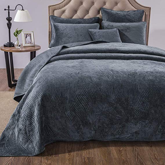 Tache Solid Navy Blue Velvety Dreams Luxury Velveteen Super Soft Plush Waves Quilted Bedspread 3 Piece Quilt Set, California King