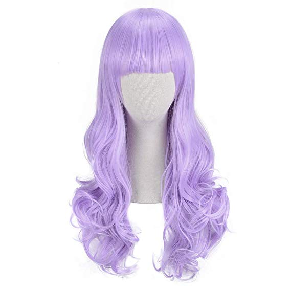 REECHO Curly Wavy Wig 24" Long with Bangs Synthetic Hair Lolita Style for Women at Party Cosplay Costume - Violet Purple