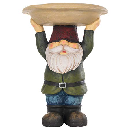 Transpac Gnome Holding Bowl Overhead Natural Green 15 x 12 Resin Stone Birdbath