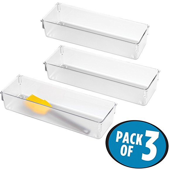 mDesign Kitchen Drawer Organizer for Silverware, Spatulas, Gadgets - Pack of 3, 3" x 9" x 2", Clear