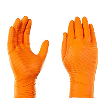 AMMEX Heavy Duty Orange Nitrile 8 Mil Disposale Gloves - Industrial, Extra Thick, Diamond Texture, Powder Free, Ambidextrous, Small, Box of 100