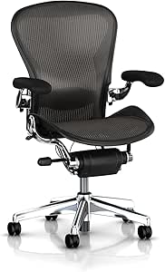 Herman Miller Polished Aluminum Aeron Executive Chair Highly Adjustable with Lumbar Support Pad, Vinyl Arm Pads and Hard Floor Casters - Small Size (A) Classic Dark Carbon Pellicle Chrome Home Office