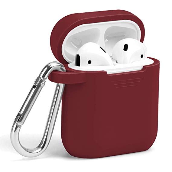 GMYLE AirPods Case Accessories Kit, Silicone Protective Shockproof Wireless Charging Airpods Case Cover Skin with Keychain/Ear Hook/Strap Set for Apple AirPods 1 & 2 - Burgundy