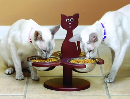 Pet Store Wood Multi-Cat Raised Feeder with 3 Metal Bowls