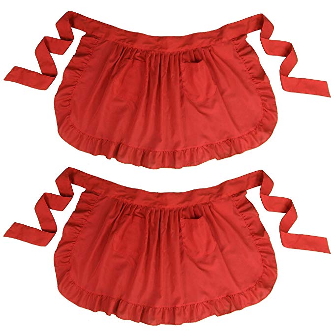 LilMents Twin Pack Retro Kitchen Ruffles Waist Apron with Pockets (Red)