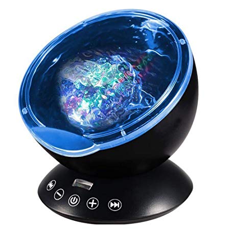 [Newest Design] Remote Control Ocean Wave Projector 12 LED &7 Colors Night Light with Built-in Mini Music Player for Living Room and Bedroom (12 LED Black)