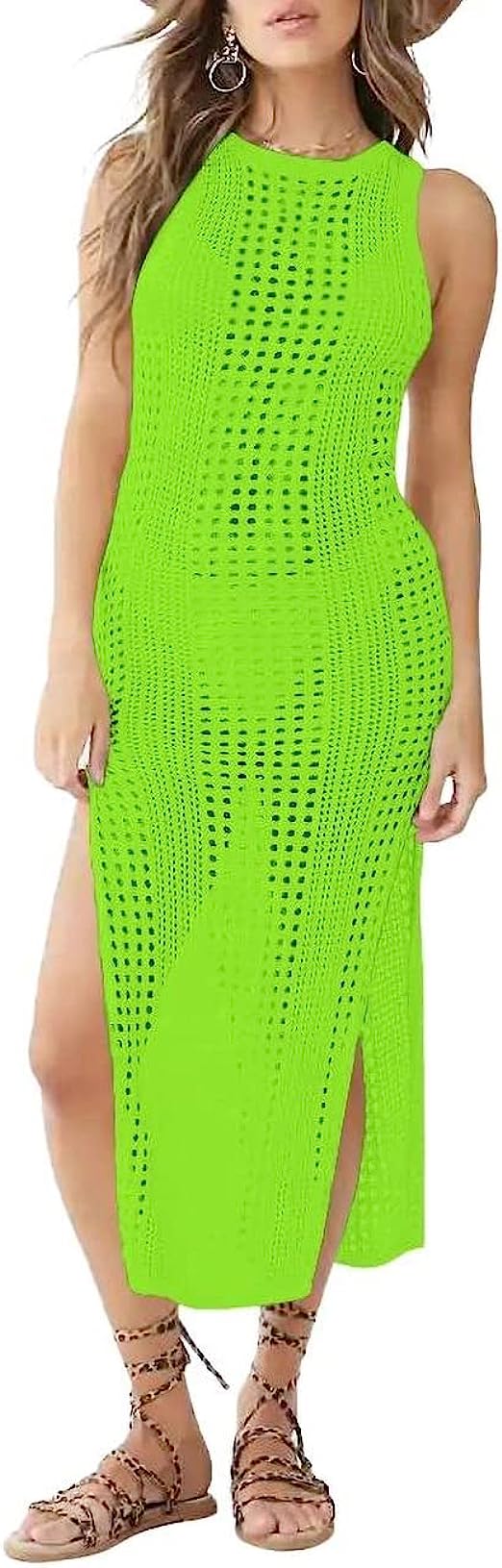 Bsubseach Crochet Cover Ups for Women Hollow Out Sleeveless Bikini Swimsuit Swimwear Side Split Long Beach Dresses