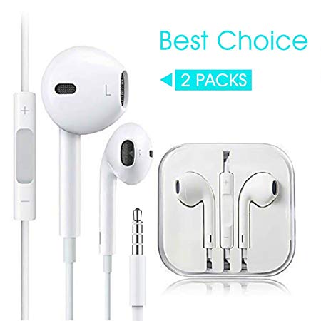 QinSH [2 Pack] 3.5mm Earphones/Earbuds/Headphones Stereo Mic&Remote Control Compatible with iPhone 6s/6plus/6/5s/se/5c/IPad/IPod Galaxy More Android Smartphones (White)