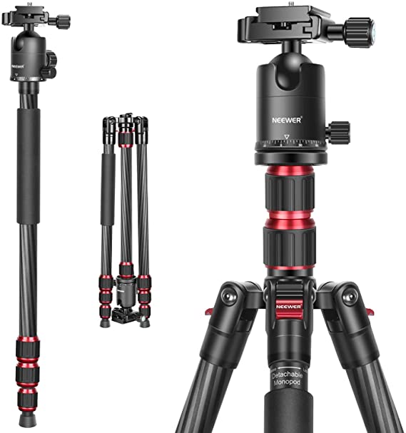 Neewer 79 Inches Carbon Fiber Camera Tripod Monopod with 2 Center Axis, 360 Degree Ball Head, 1/4 inch Quick Shoe Plate and Bag for DSLR Camera Video Camcorder Travel and Work，Load up to 26.5 pounds