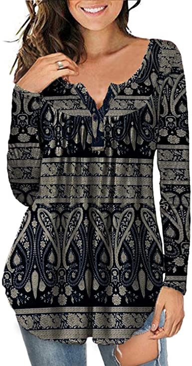 a.Jesdani Plus Size Tunic Tops Long Sleeve Casual Floral Printed Henley Shirts for Women