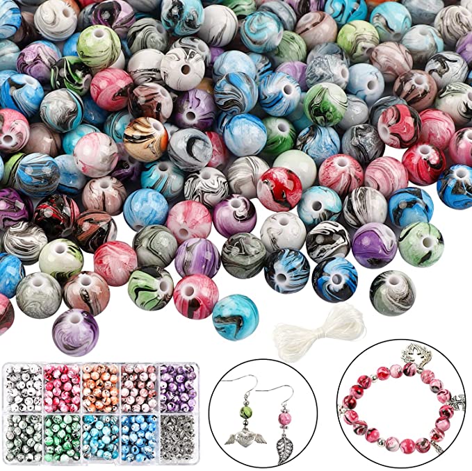 DICOBD 540pcs 8mm Multi Color Acrylic Round Loose Marble Beads in Ink Patterns with 80pcs Spacer Beads and Elastic String for Bracelet Jewelry Making