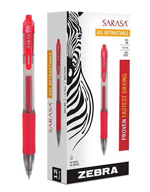 Zebra Sarasa Retractable Gel Ink Pens, Medium Point 0.7mm, Red, Rapid Dry Ink, 12-Count