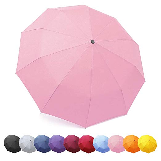 ZOMAKE Travel Umbrella, 10 Ribs Reinforced Windproof Umbrella with 45" Teflon Coating Canopy, Auto Open Close and Upgraded Comfort Handle, Compact Protection from Rain(Pink)