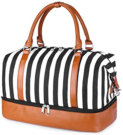 SUVOM Women Weekend Bag Canvas Overnight Travel Tote Bag Carry on Shoulder Duffel Bag With PU Leather Strap (White/Black Thick Vertical Stripes)