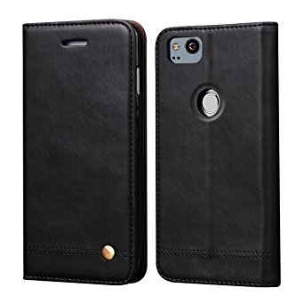 Google Pixel 2 Case,RUIHUI Luxury Leather Wallet Folding Flip Protective Case Cover with Card Slots,Kickstand Feature and Magnetic Closure For Google Pixel 2 2017 Release (Black)