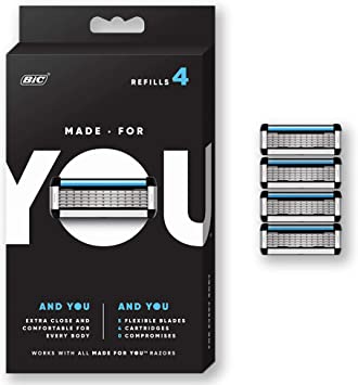 Made For You By BIC Shaving Razor blades for Men and Women, 4-Count - Refill Cartridges with 5 blades for A close Shave with Aloe Vera and Vitamin E for Smooth Glide
