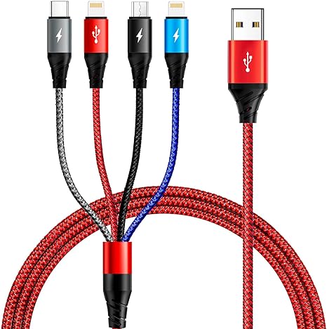 Multi Charging Cable 3.5A [2Pack 6ft] Multi Charger Cable Braided 4 in 1 Multi Charger Fast Charging Cord with Lightning/Type C/Micro USB Ports for Cell Phones/iPhone/Samsung Galaxy/PS/Tablets & More