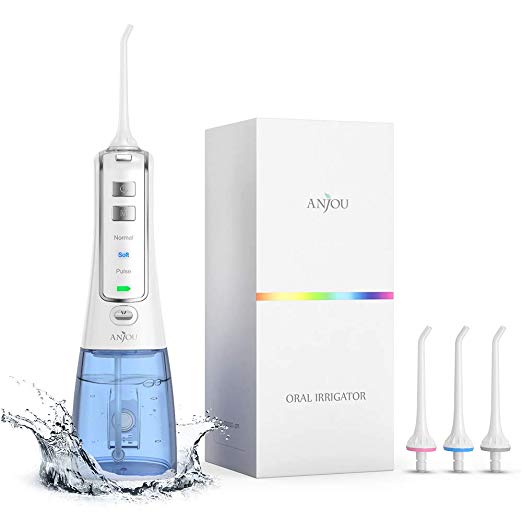 Water Dental Flosser, Anjou Cordless 10oz/300mL Professional Oral Irrigator Helps Teeth Whitening, 3 Modes 4 Jet Tips, IPX7 Waterproof, Easy-to-Clean Water Reservoir, for Home and Travel Use, Blue